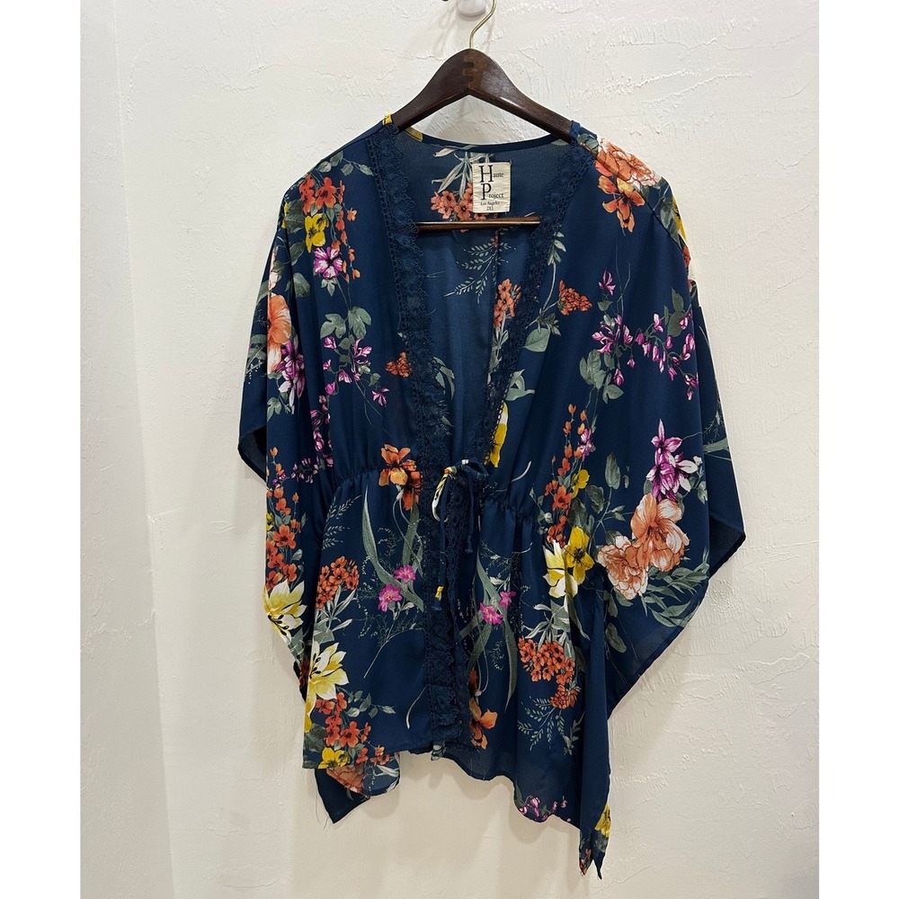 Haute Project Floral Kimono Wrap Top Navy Blue Crochet Lace Trim 2XL